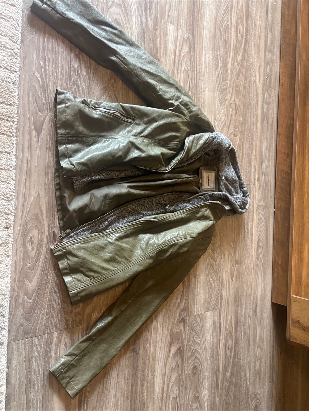 Women's Olive Faux Leather Jacket with Knit Hood